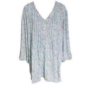 Rose + Olive Blue Floral Print  VNeck Blouse Top Size 3X‎ Cottagecore Boho